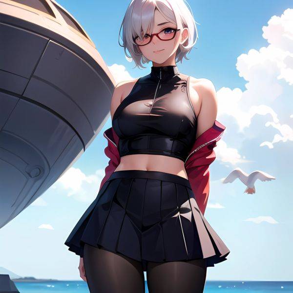 1girl Aircraft Bird Breasts Cloud Cloudy Sky Cowboy Shot Curtsey Dark Skinned Female Dark Skin Day Flashing Glasses Looking At, 2401186685 - AIHentai - aihentai.co on pornsimulated.com