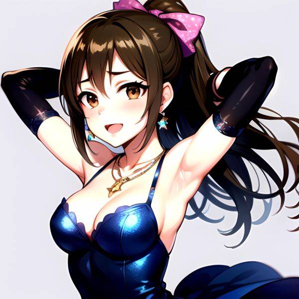 1girl Absurdres Armpits Arms Up Ayase Honoka Black Gloves Blue Bow Blue Dress Blush Bow Breasts Brown Eyes Brown Hair, 492326968 - AIHentai - aihentai.co on pornsimulated.com