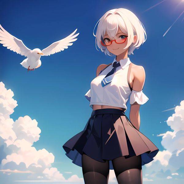 1girl Aircraft Bird Breasts Cloud Cloudy Sky Cowboy Shot Curtsey Dark Skinned Female Dark Skin Day Flashing Glasses Looking At, 3199627599 - AIHentai - aihentai.co on pornsimulated.com