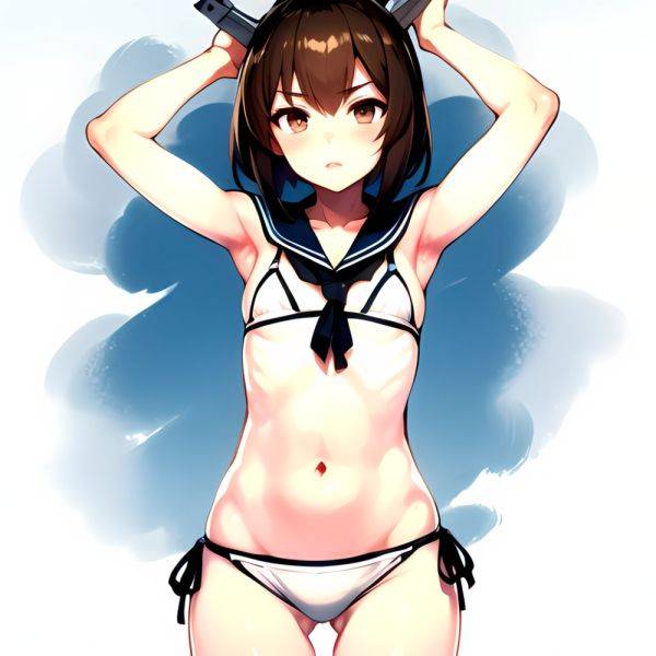 1girl Arms Up Bikini Bob Cut Brown Eyes Brown Hair Commentary Request Cosplay Cowboy Shot Flat Chest Headgear Inverted Bob, 4080817655 - AIHentai - aihentai.co on pornsimulated.com