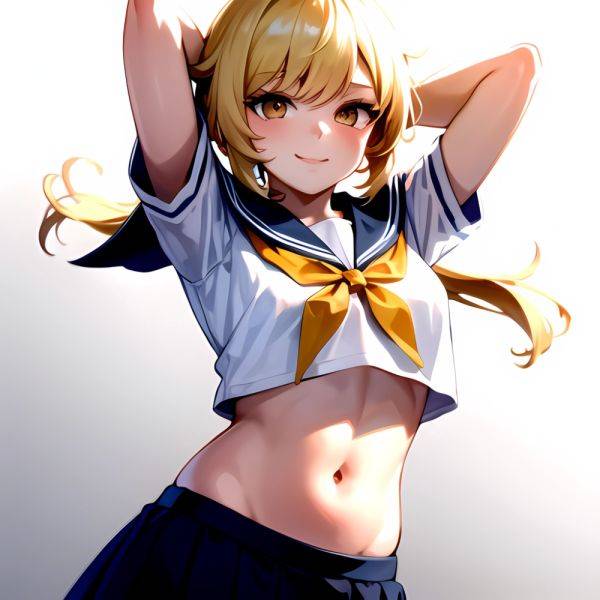 1girl Arms Up Arms Behind Head Blonde Hair Blue Skirt Bow Crop Top Crop Top Overhang Genshin Impact Gradient Background, 2590537521 - AIHentai - aihentai.co on pornsimulated.com