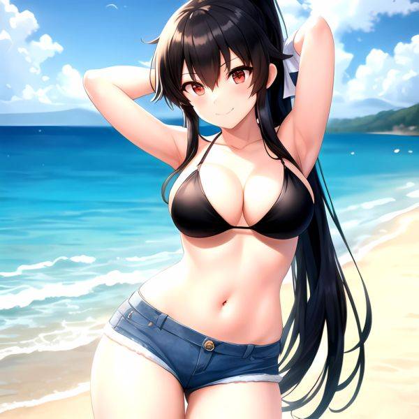 1girl Arms Behind Head Armpits Beach Bikini Bikini Under Shorts Black Bikini Black Hair Blurry Blurry Background Breasts Cleavag, 3833477932 - AIHentai - aihentai.co on pornsimulated.com