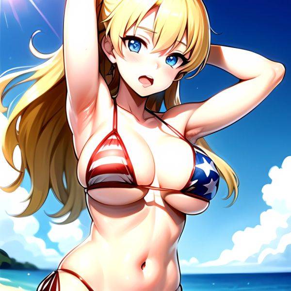 1girl American Flag Bikini Armpits Arms Behind Head Bikini Blonde Hair Blue Eyes Blush Breasts Covered Erect Nipples Flag Print, 3764598388 - AIHentai - aihentai.co - Usa on pornsimulated.com