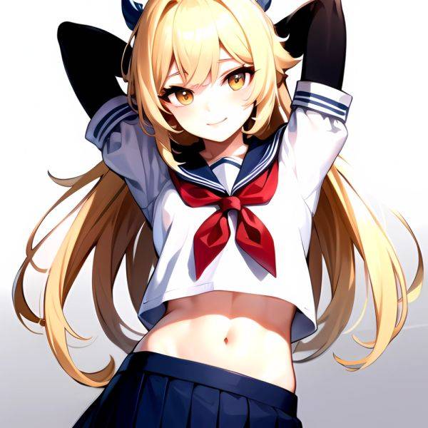 1girl Arms Up Arms Behind Head Blonde Hair Blue Skirt Bow Crop Top Crop Top Overhang Genshin Impact Gradient Background, 4232007329 - AIHentai - aihentai.co on pornsimulated.com