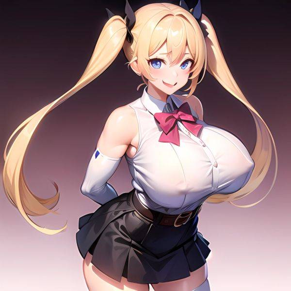 1girl Aymusk Belt Black Skirt Blonde Hair Blue Eyes Blush Bow Bowtie Breasts Curvy Elbow Gloves Fang Gloves Gradient Background, 2649821720 - AIHentai - aihentai.co on pornsimulated.com