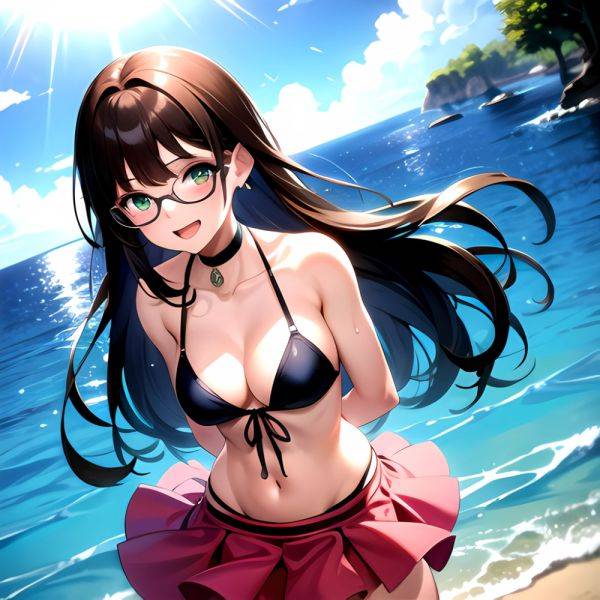 1girl D Bikini Bikini Bottom Aside Bikini Skirt Black Choker Blush Breasts Brown Hair Choker Cleavage Clothing Aside Front Tie, 1650579398 - AIHentai - aihentai.co on pornsimulated.com