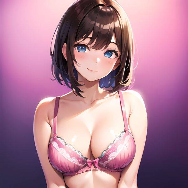 1girl Ai Generated Blue Eyes Blush Breasts Brown Hair Highres Large Breasts Light Smile Looking At Viewer Pink Background Short, 109923992 - AIHentai - aihentai.co on pornsimulated.com