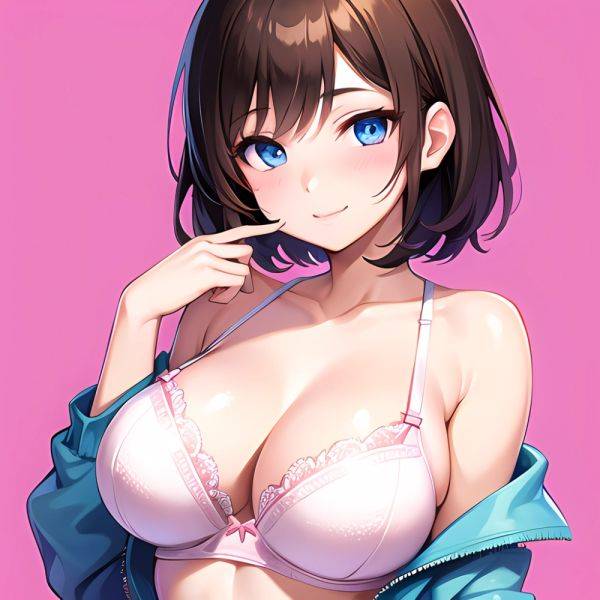 1girl Ai Generated Blue Eyes Blush Breasts Brown Hair Highres Large Breasts Light Smile Looking At Viewer Pink Background Short, 4035720051 - AIHentai - aihentai.co on pornsimulated.com