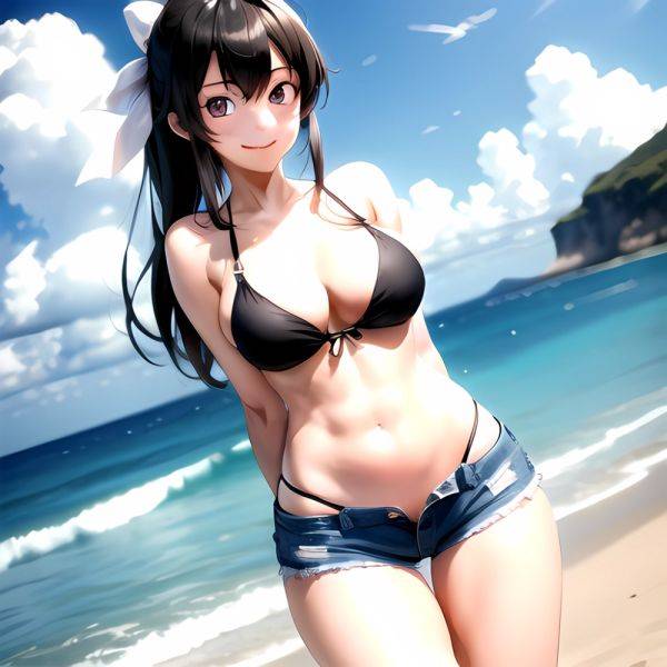 1girl Arms Behind Back Beach Bikini Bikini Under Shorts Black Bikini Black Hair Blurry Blurry Background Breasts Cleavage Closed, 3719292426 - AIHentai - aihentai.co on pornsimulated.com