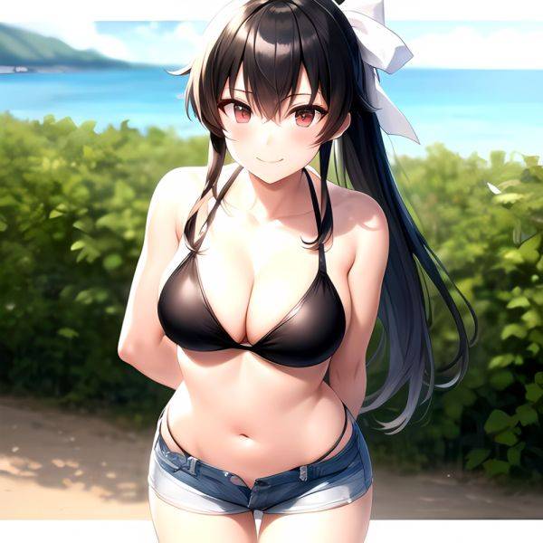 1girl Arms Behind Back Beach Bikini Bikini Under Shorts Black Bikini Black Hair Blurry Blurry Background Breasts Cleavage Closed, 1696152126 - AIHentai - aihentai.co on pornsimulated.com