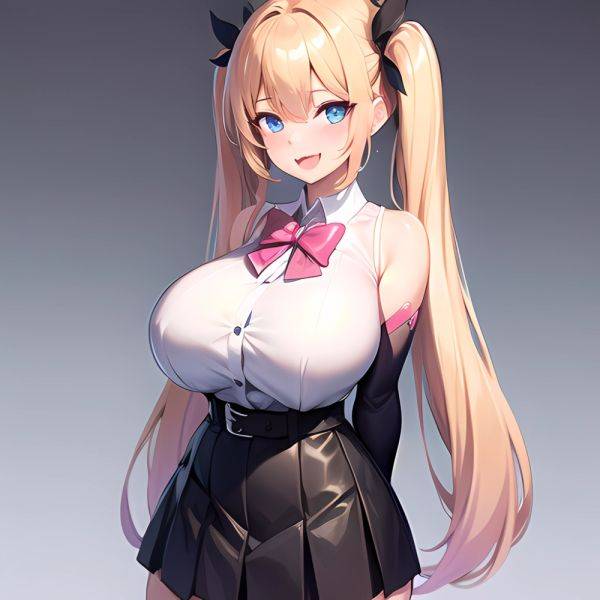 1girl Aymusk Belt Black Skirt Blonde Hair Blue Eyes Blush Bow Bowtie Breasts Curvy Elbow Gloves Fang Gloves Gradient Background, 4138312282 - AIHentai - aihentai.co on pornsimulated.com