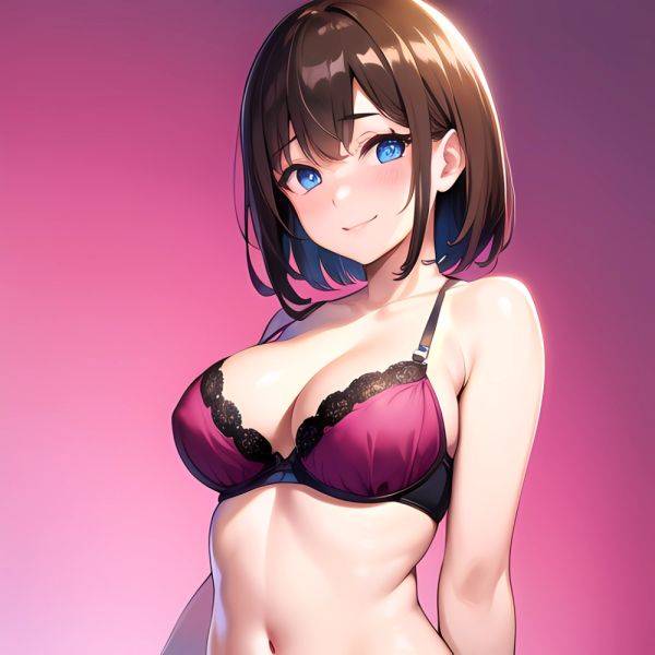 1girl Ai Generated Blue Eyes Blush Breasts Brown Hair Highres Large Breasts Light Smile Looking At Viewer Pink Background Short, 1801838073 - AIHentai - aihentai.co on pornsimulated.com