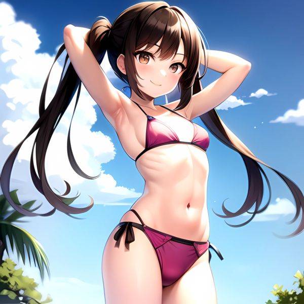 1girl Armpits Arms Behind Head Bikini Brown Eyes Brown Hair Cowboy Shot Dot Nose Flat Chest From Side Hair Ornament, 787666877 - AIHentai - aihentai.co on pornsimulated.com