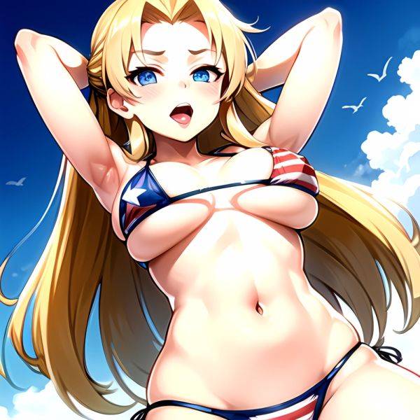 1girl American Flag Bikini Armpits Arms Behind Head Bikini Blonde Hair Blue Eyes Blush Breasts Covered Erect Nipples Flag Print, 3844148965 - AIHentai - aihentai.co - Usa on pornsimulated.com