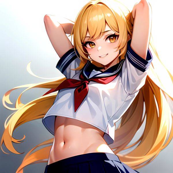 1girl Arms Up Arms Behind Head Blonde Hair Blue Skirt Bow Crop Top Crop Top Overhang Genshin Impact Gradient Background, 3223118557 - AIHentai - aihentai.co on pornsimulated.com