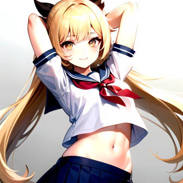 1girl Arms Up Arms Behind Head Blonde Hair Blue Skirt Bow Crop Top Crop Top Overhang Genshin Impact Gradient Background, 1502131187 - AIHentai - aihentai.co on pornsimulated.com