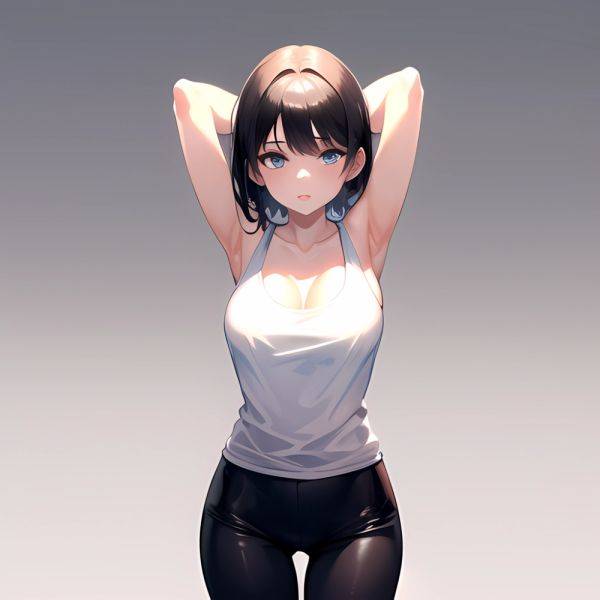 1girl Solo Tank Top Leggings Blue Eyes Standing Fully Clothed Pov Simple Background Arms Behind Head, 3747693472 - AIHentai - aihentai.co on pornsimulated.com