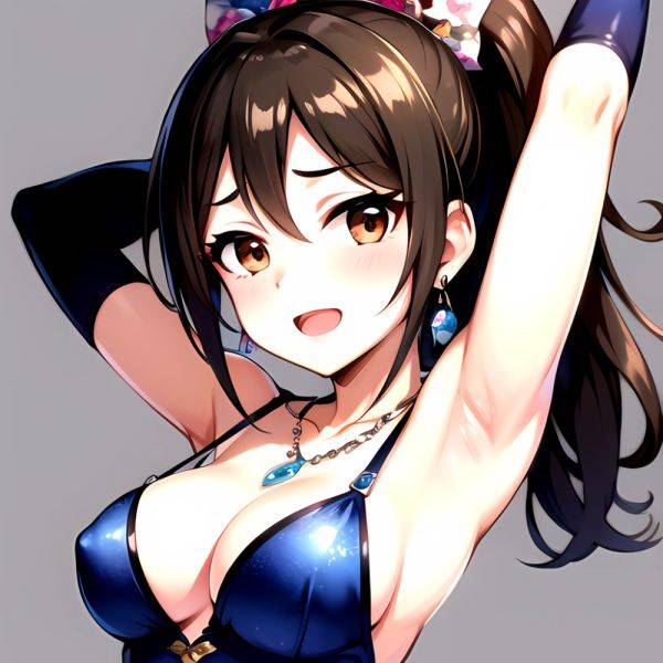 1girl Absurdres Armpits Arms Up Ayase Honoka Black Gloves Blue Bow Blue Dress Blush Bow Breasts Brown Eyes Brown Hair, 2025660272 - AIHentai - aihentai.co on pornsimulated.com