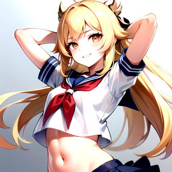 1girl Arms Up Arms Behind Head Blonde Hair Blue Skirt Bow Crop Top Crop Top Overhang Genshin Impact Gradient Background, 3952850561 - AIHentai - aihentai.co on pornsimulated.com