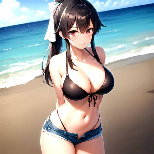 1girl Arms Behind Back Beach Bikini Bikini Under Shorts Black Bikini Black Hair Blurry Blurry Background Breasts Cleavage Closed, 2159840772 - AIHentai - aihentai.co on pornsimulated.com