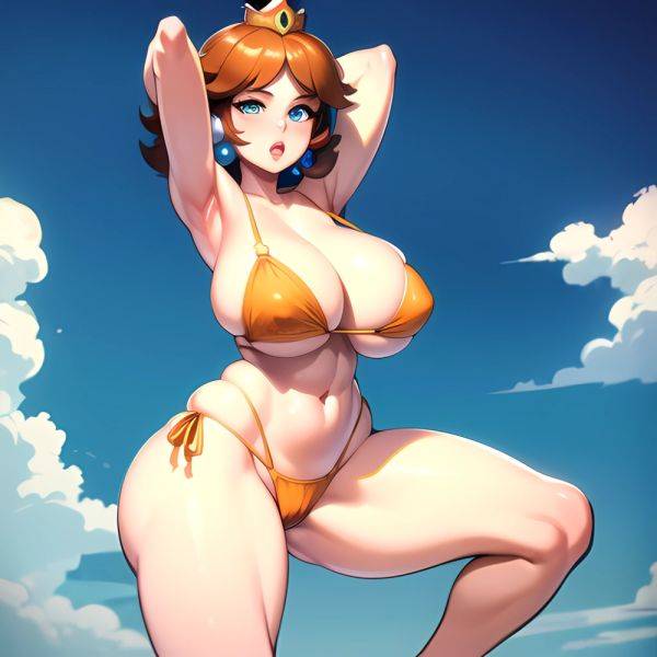 1girl Areola Slip Armpits Arms Behind Head Bikini Blue Eyes Blush Breasts Brown Hair Cleavage Huge Breasts Legs Mario Series, 1571894529 - AIHentai - aihentai.co on pornsimulated.com