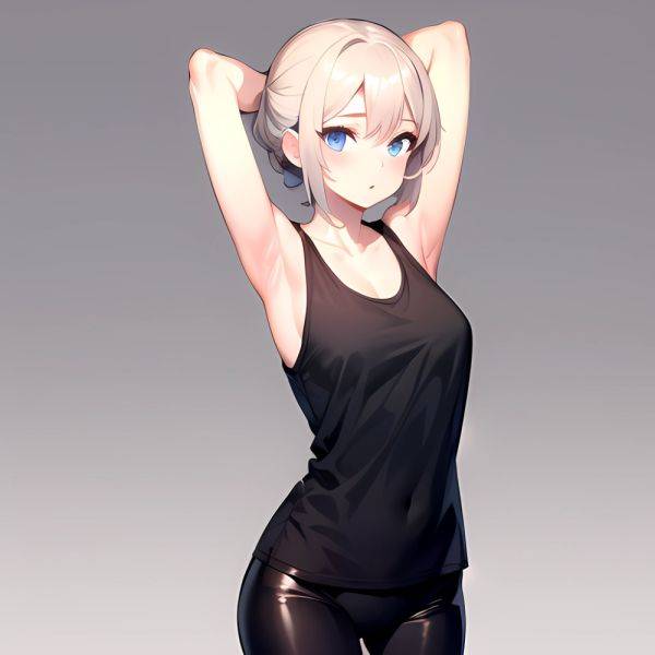 1girl Solo Tank Top Leggings Blue Eyes Standing Fully Clothed Pov Simple Background Arms Behind Head, 3000762913 - AIHentai - aihentai.co on pornsimulated.com