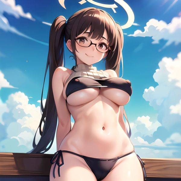 1girl Bikini Black Bikini Blue Archive Blue Sky Breasts Brown Eyes Brown Hair Closed Mouth Clothes Lift Cloud Covered Nipples, 593305772 - AIHentai - aihentai.co on pornsimulated.com