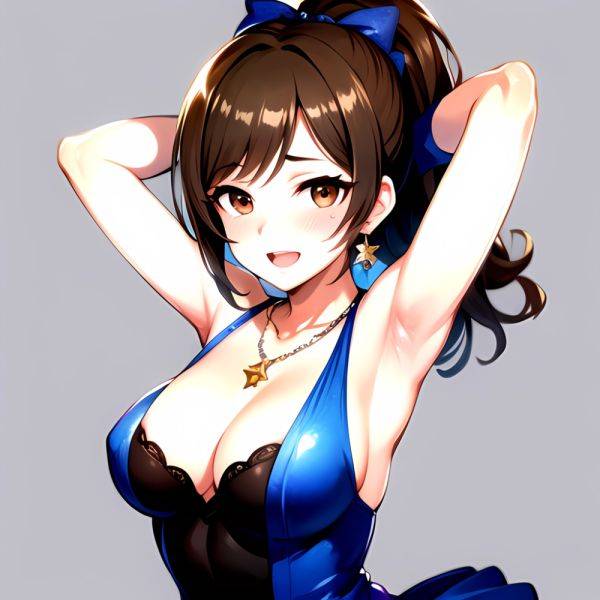 1girl Absurdres Armpits Arms Up Ayase Honoka Black Gloves Blue Bow Blue Dress Blush Bow Breasts Brown Eyes Brown Hair, 766329138 - AIHentai - aihentai.co on pornsimulated.com