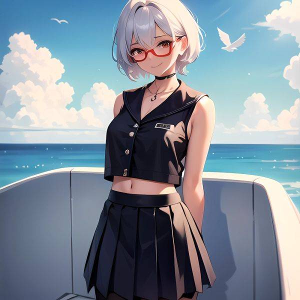 1girl Aircraft Bird Breasts Cloud Cloudy Sky Cowboy Shot Curtsey Dark Skinned Female Dark Skin Day Flashing Glasses Looking At, 2751504826 - AIHentai - aihentai.co on pornsimulated.com