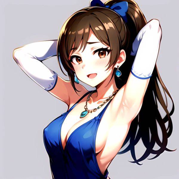 1girl Absurdres Armpits Arms Up Ayase Honoka Black Gloves Blue Bow Blue Dress Blush Bow Breasts Brown Eyes Brown Hair, 2040556353 - AIHentai - aihentai.co on pornsimulated.com