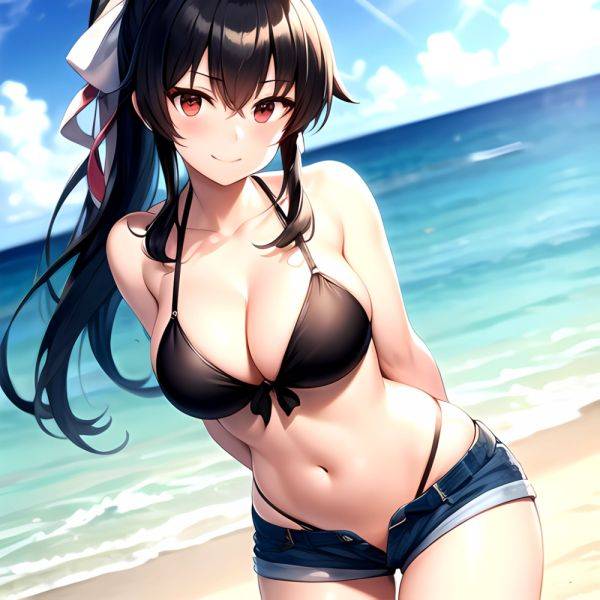 1girl Arms Behind Back Beach Bikini Bikini Under Shorts Black Bikini Black Hair Blurry Blurry Background Breasts Cleavage Closed, 896265247 - AIHentai - aihentai.co on pornsimulated.com