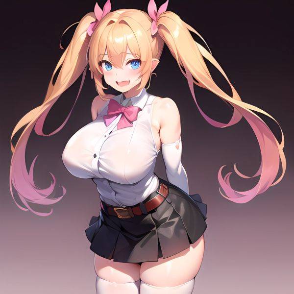 1girl Aymusk Belt Black Skirt Blonde Hair Blue Eyes Blush Bow Bowtie Breasts Curvy Elbow Gloves Fang Gloves Gradient Background, 2057509229 - AIHentai - aihentai.co on pornsimulated.com