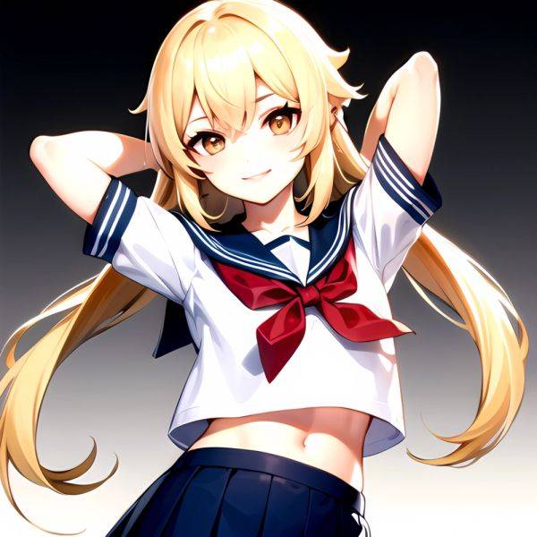 1girl Arms Up Arms Behind Head Blonde Hair Blue Skirt Bow Crop Top Crop Top Overhang Genshin Impact Gradient Background, 1990381928 - AIHentai - aihentai.co on pornsimulated.com
