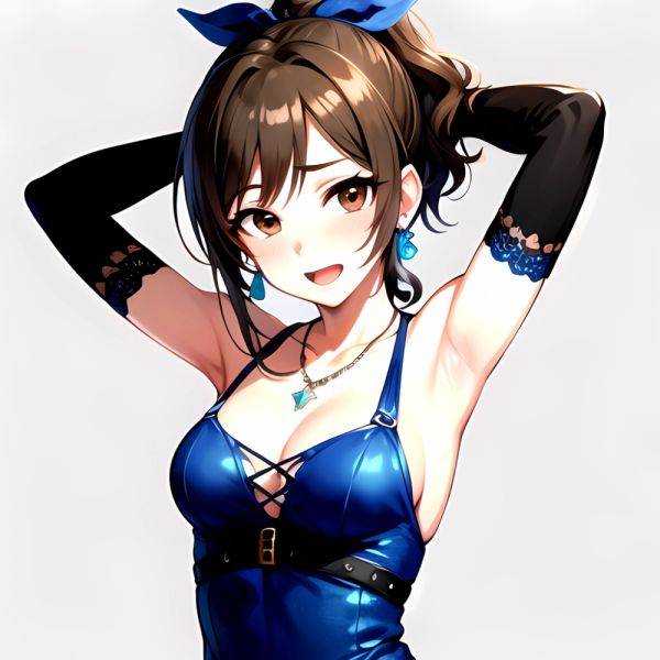 1girl Absurdres Armpits Arms Up Ayase Honoka Black Gloves Blue Bow Blue Dress Blush Bow Breasts Brown Eyes Brown Hair, 4000884435 - AIHentai - aihentai.co on pornsimulated.com
