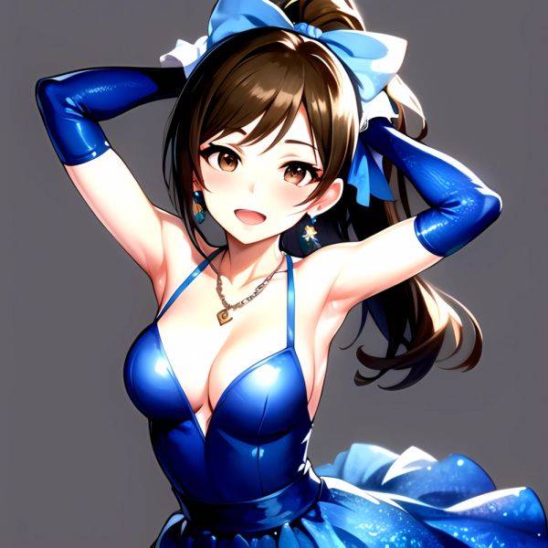 1girl Absurdres Armpits Arms Up Ayase Honoka Black Gloves Blue Bow Blue Dress Blush Bow Breasts Brown Eyes Brown Hair, 3637777112 - AIHentai - aihentai.co on pornsimulated.com