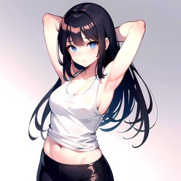 1girl Solo Tank Top Leggings Blue Eyes Standing Fully Clothed Pov Simple Background Arms Behind Head, 3373669996 - AIHentai - aihentai.co on pornsimulated.com