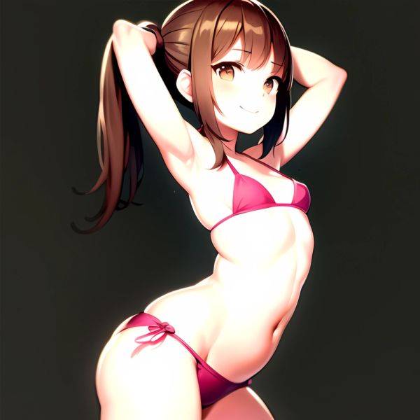 1girl Armpits Arms Behind Head Bikini Brown Eyes Brown Hair Cowboy Shot Dot Nose Flat Chest From Side Hair Ornament, 3013798112 - AIHentai - aihentai.co on pornsimulated.com