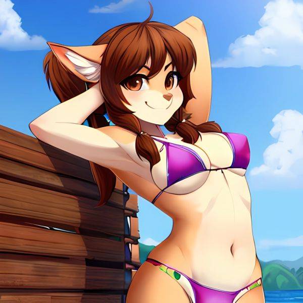 1girl Armpits Arms Behind Head Bikini Brown Eyes Brown Hair Cowboy Shot Dot Nose Flat Chest From Side Hair Ornament, 1871815532 - AIHentai - aihentai.co on pornsimulated.com