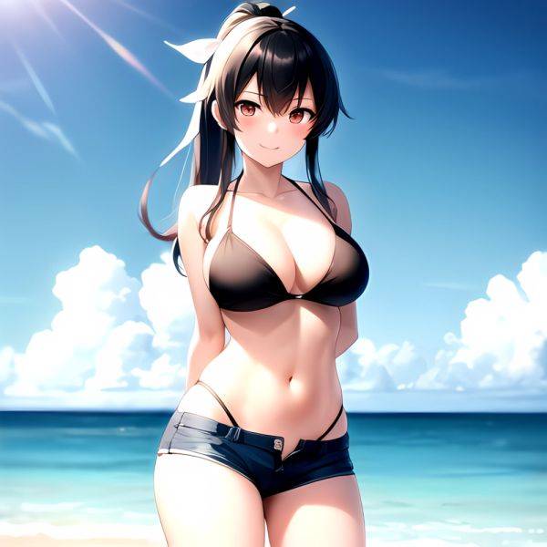 1girl Arms Behind Back Beach Bikini Bikini Under Shorts Black Bikini Black Hair Blurry Blurry Background Breasts Cleavage Closed, 2264499138 - AIHentai - aihentai.co on pornsimulated.com