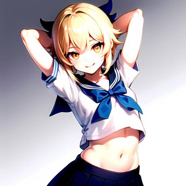 1girl Arms Up Arms Behind Head Blonde Hair Blue Skirt Bow Crop Top Crop Top Overhang Genshin Impact Gradient Background, 614150079 - AIHentai - aihentai.co on pornsimulated.com