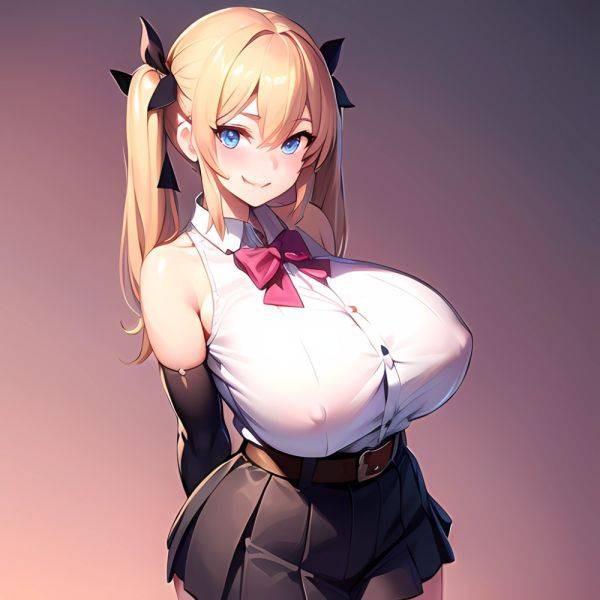 1girl Aymusk Belt Black Skirt Blonde Hair Blue Eyes Blush Bow Bowtie Breasts Curvy Elbow Gloves Fang Gloves Gradient Background, 2614734470 - AIHentai - aihentai.co on pornsimulated.com