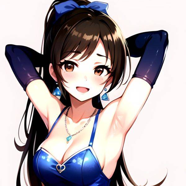 1girl Absurdres Armpits Arms Up Ayase Honoka Black Gloves Blue Bow Blue Dress Blush Bow Breasts Brown Eyes Brown Hair, 4016411931 - AIHentai - aihentai.co on pornsimulated.com
