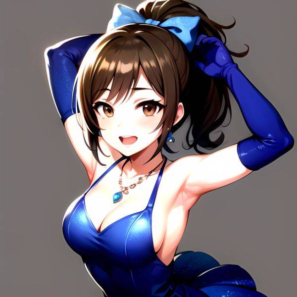 1girl Absurdres Armpits Arms Up Ayase Honoka Black Gloves Blue Bow Blue Dress Blush Bow Breasts Brown Eyes Brown Hair, 2740355638 - AIHentai - aihentai.co on pornsimulated.com