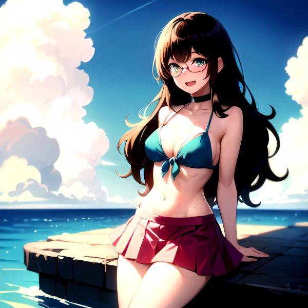 1girl D Bikini Bikini Bottom Aside Bikini Skirt Black Choker Blush Breasts Brown Hair Choker Cleavage Clothing Aside Front Tie, 3907767536 - AIHentai - aihentai.co on pornsimulated.com