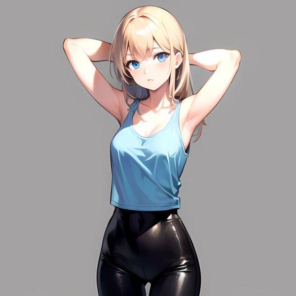 1girl Solo Tank Top Leggings Blue Eyes Standing Fully Clothed Pov Simple Background Arms Behind Head, 186840681 - AIHentai - aihentai.co on pornsimulated.com