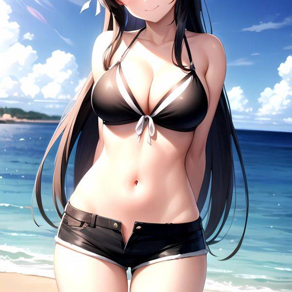 1girl Arms Behind Back Beach Bikini Bikini Under Shorts Black Bikini Black Hair Blurry Blurry Background Breasts Cleavage Closed, 1783277999 - AIHentai - aihentai.co on pornsimulated.com