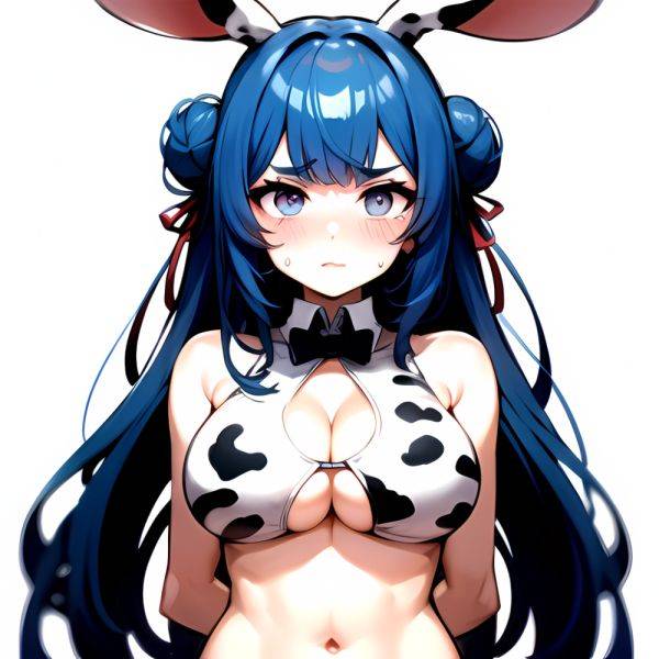 1girl Alternate Breast Size Animal Ear Fluff Animal Ears Animal Print Blue Hair Blush Breasts Cleavage Cutout Cow Print Double, 445807047 - AIHentai - aihentai.co on pornsimulated.com