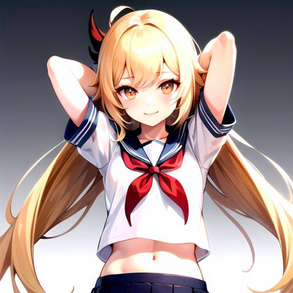 1girl Arms Up Arms Behind Head Blonde Hair Blue Skirt Bow Crop Top Crop Top Overhang Genshin Impact Gradient Background, 32011739 - AIHentai - aihentai.co on pornsimulated.com