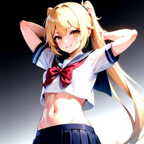 1girl Arms Up Arms Behind Head Blonde Hair Blue Skirt Bow Crop Top Crop Top Overhang Genshin Impact Gradient Background, 1026939710 - AIHentai - aihentai.co on pornsimulated.com