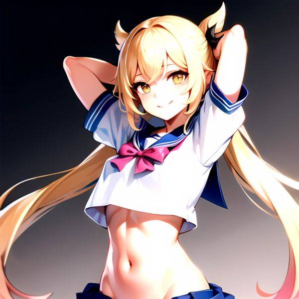1girl Arms Up Arms Behind Head Blonde Hair Blue Skirt Bow Crop Top Crop Top Overhang Genshin Impact Gradient Background, 3542887786 - AIHentai - aihentai.co on pornsimulated.com